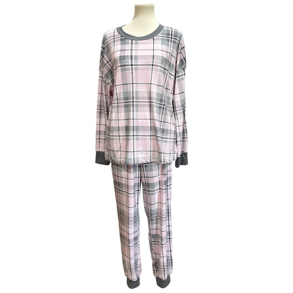 Joyspun Women's Stretch Velour Pajama Set Pink & Gray Plaid Size Large New - Picture 1 of 12